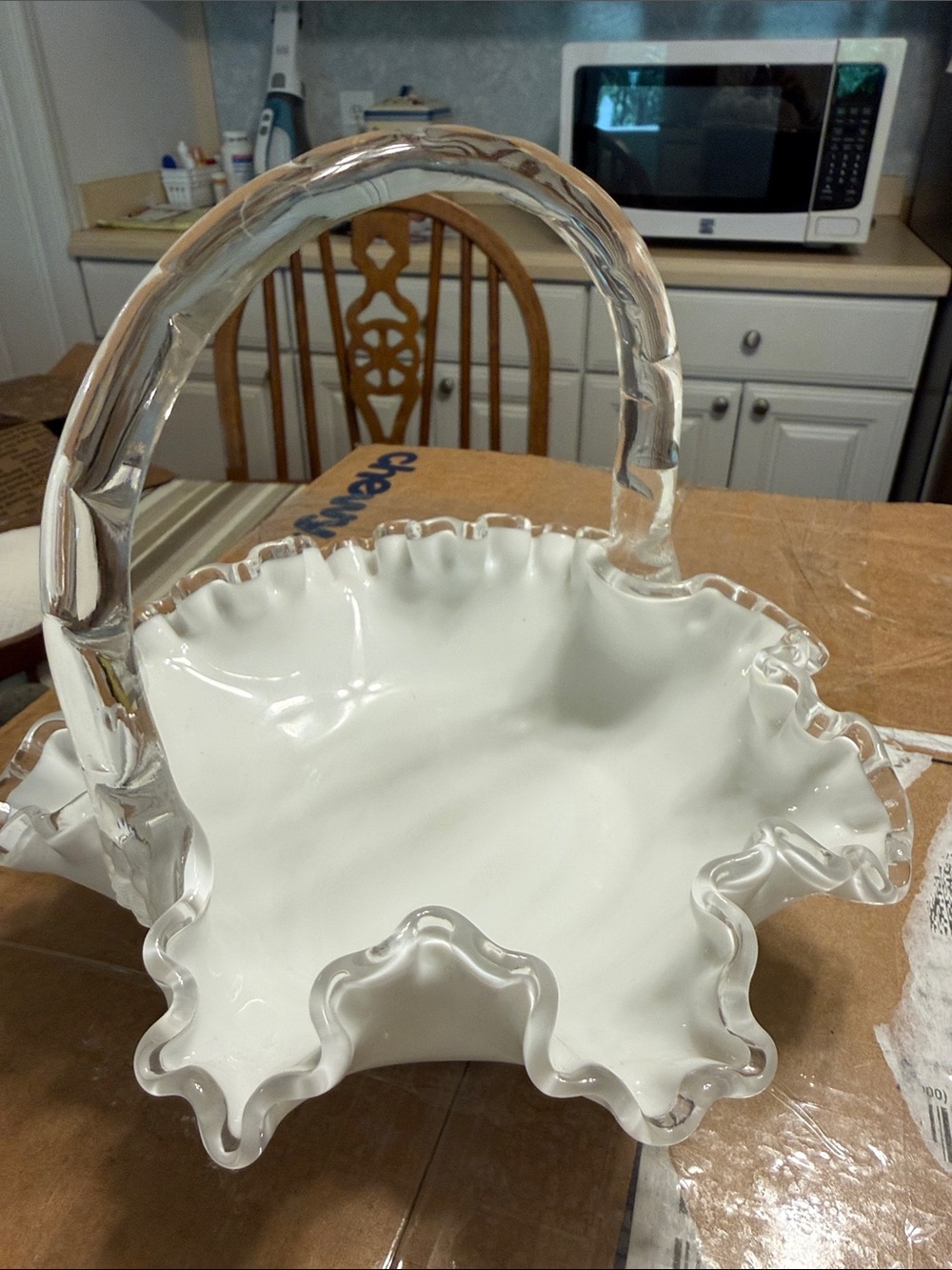 Fenton White Ruffled Edge Glass Basket with Clear Handle